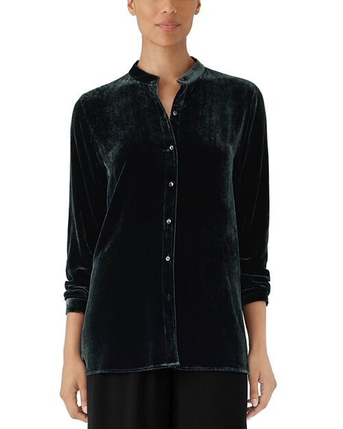 

Бархатная длинная рубашка с воротником-стойкой Eileen Fisher, цвет Green