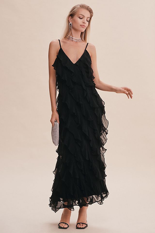 Платье Bhldn Jia с V-образным вырезом и рюшами косого выреза, черный платье l idee renaissance split gown фиолетовый