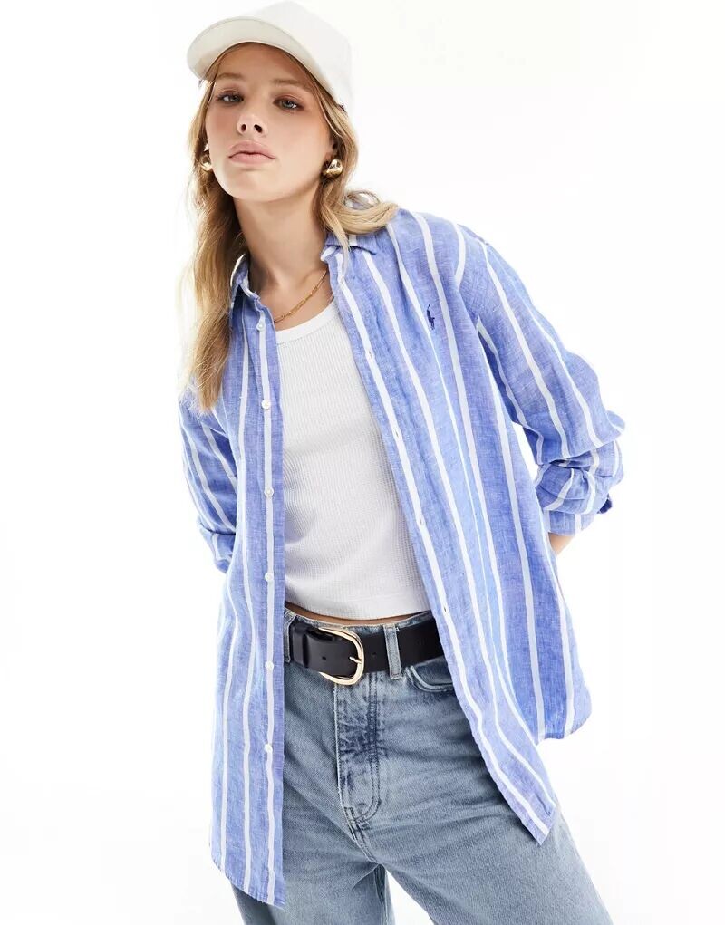 

Льняная рубашка Polo Ralph Lauren с сине-белыми полосками и логотипом