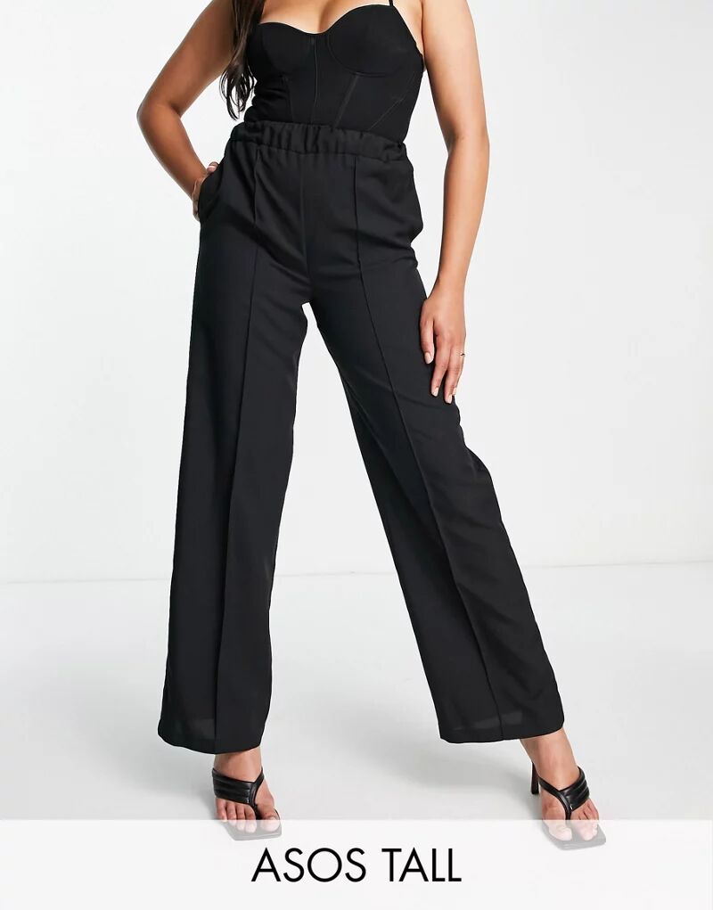 Черные строгие брюки с эластичным поясом ASOS Tall