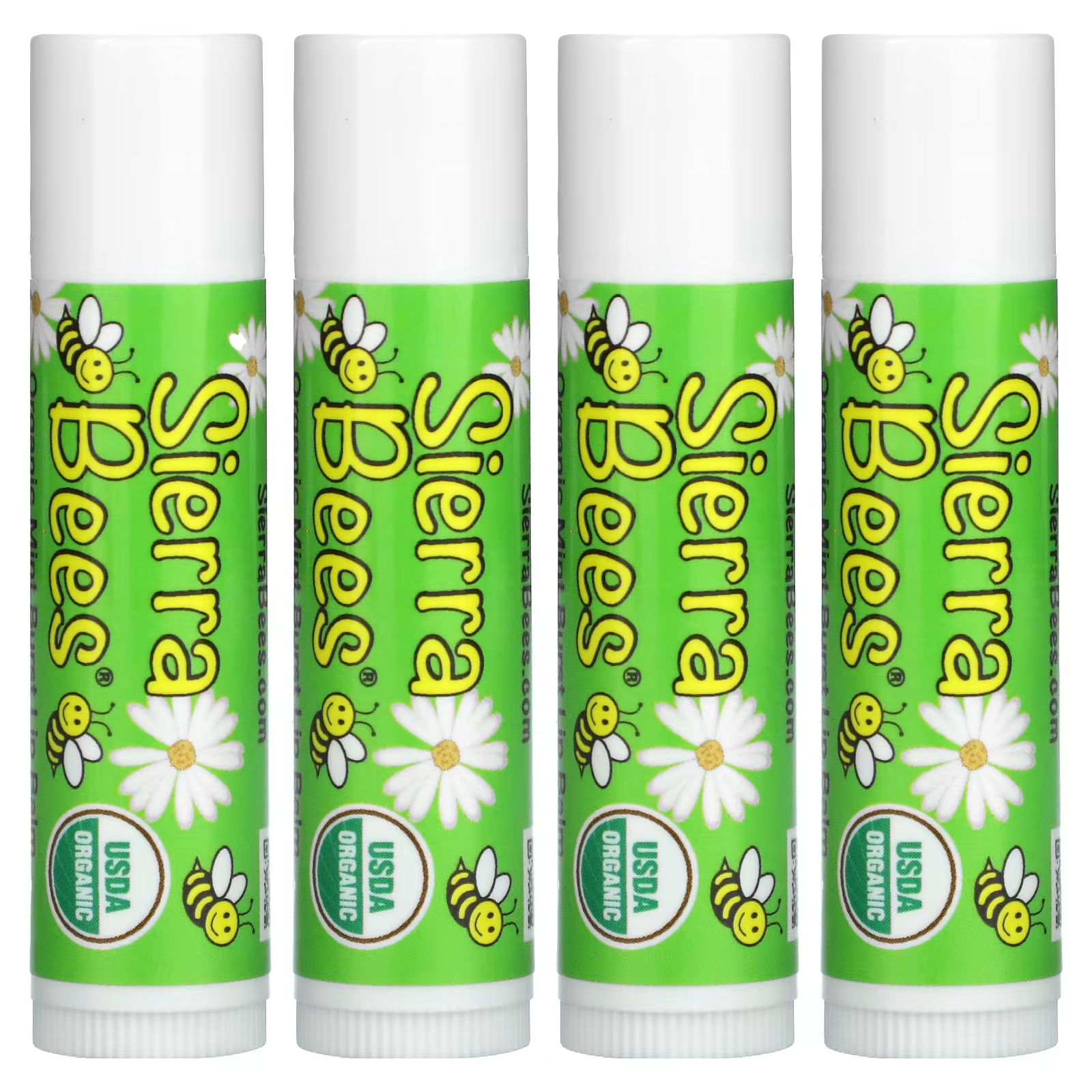 Органические бальзамы для губ Sierra Bees Mint Burst, 4 упаковки по 0,15 унции (4,25 г) каждый