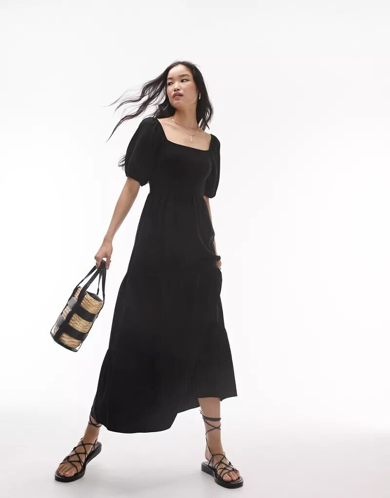 

Черное платье миди со сборками Topshop