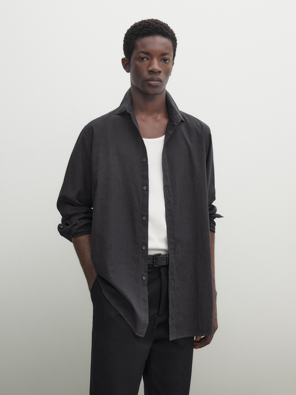 

Рубашка из хлопкового меланжа приманного кроя в полоску Massimo Dutti, угольный