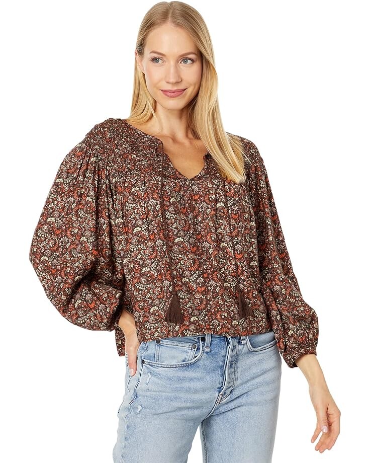 

Блуза Lucky Brand Printed Smocked Peasant, коричневый