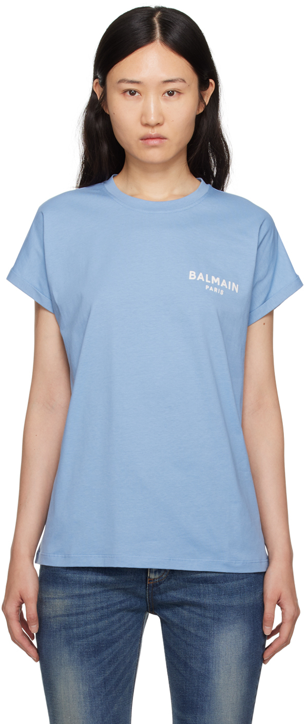 Синяя футболка с флоковым принтом , цвет Bleu pâle/Nature Balmain