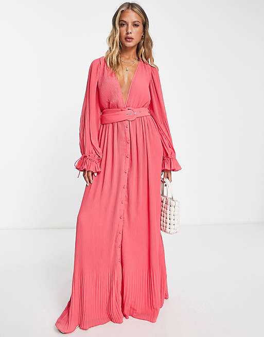 

Розовое платье макси с плиссированными рукавами и поясом ASOS DESIGN