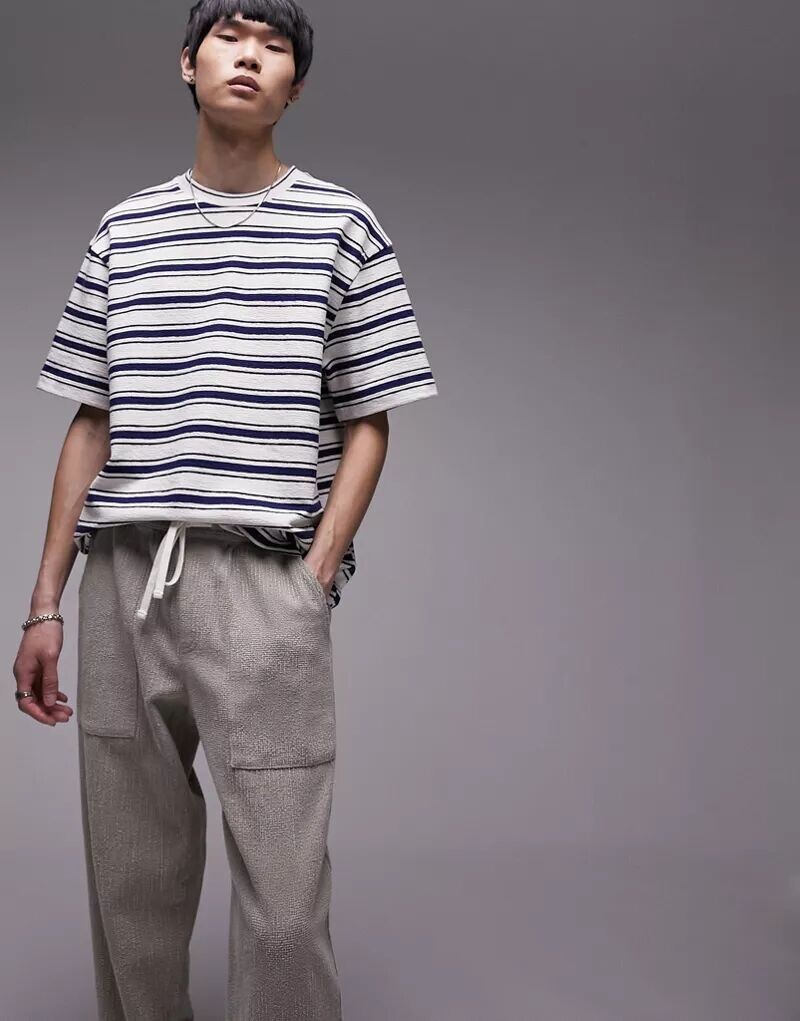 

Темно-синяя футболка оверсайз премиум-класса с фактурными полосками Topman