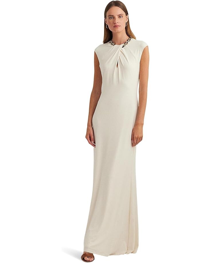 

Платье LAUREN Ralph Lauren Chain-Trim Stretch Jersey Gown, кремовый, Бежевый