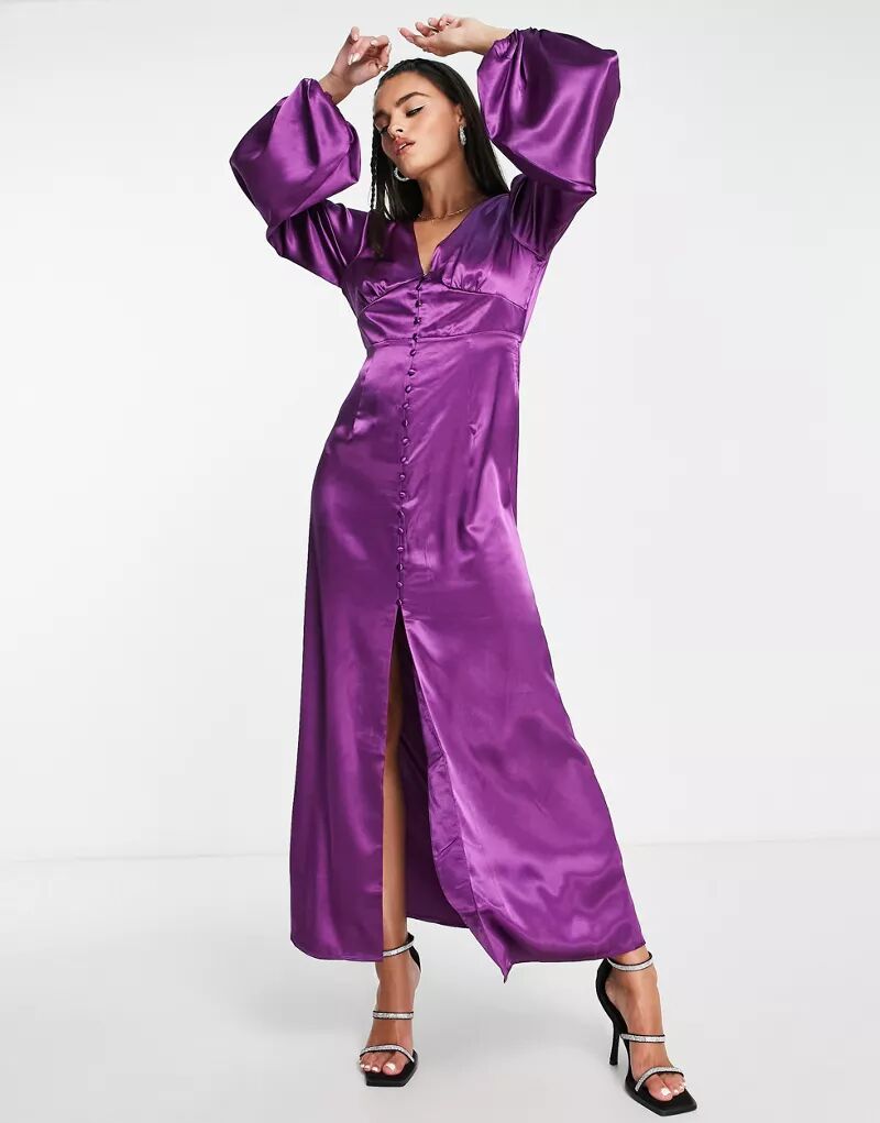 Фиолетовое атласное платье макси на пуговицах Vila