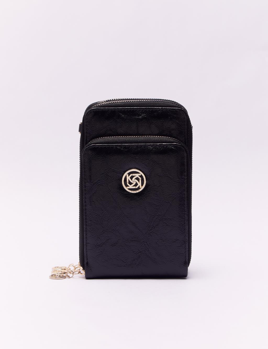 Сумка-кошелек из мятой лакированной кожи с тремя отделениями, черная Kayra