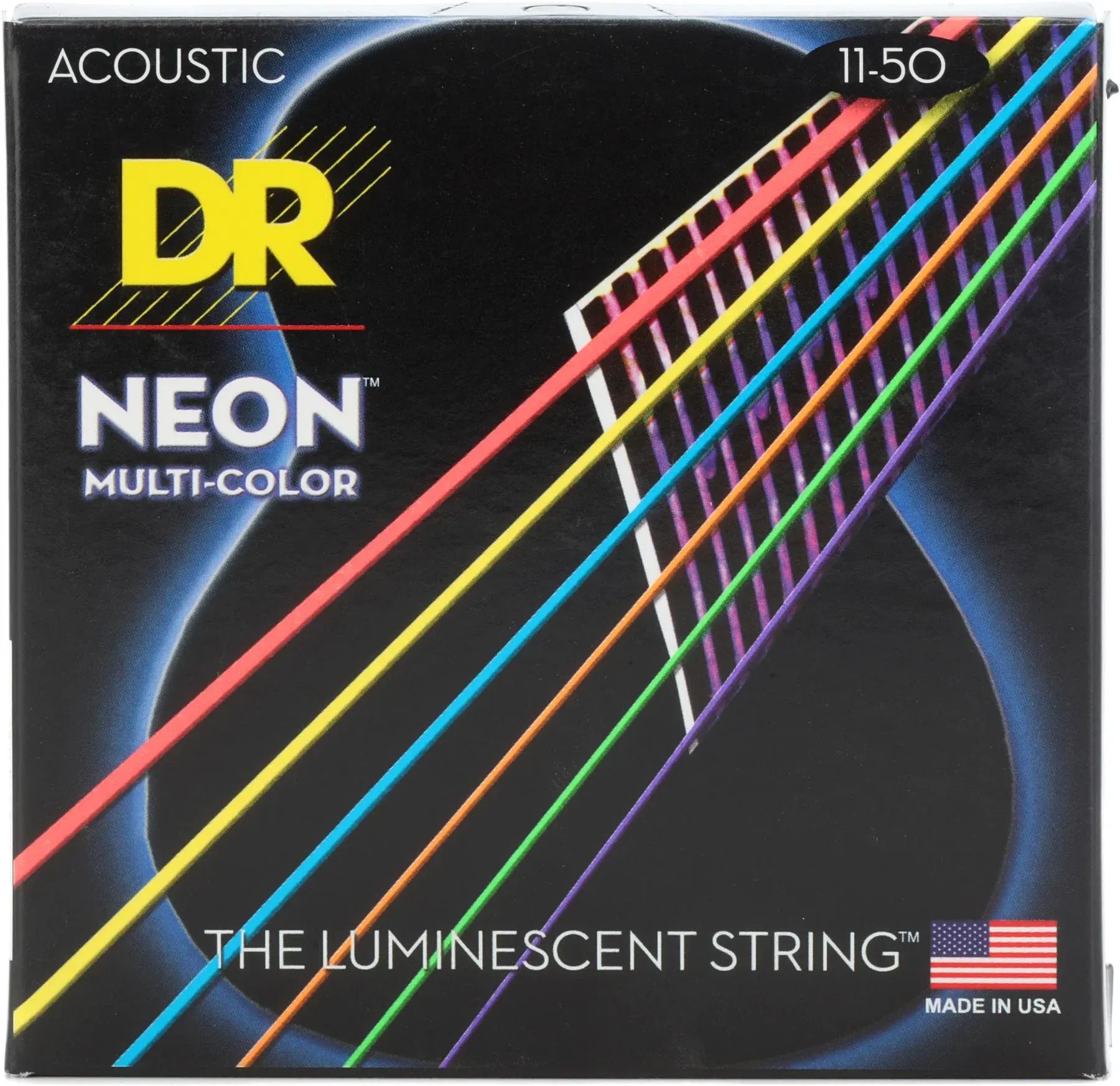 

Струны DR Strings NMCA-11 Hi-Def Neon Multi-Color K3 с покрытием для акустической гитары — .011-.050 Custom Light