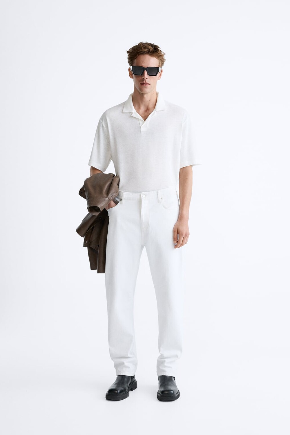 

Лен - рубашка поло из хлопка ZARA, белый