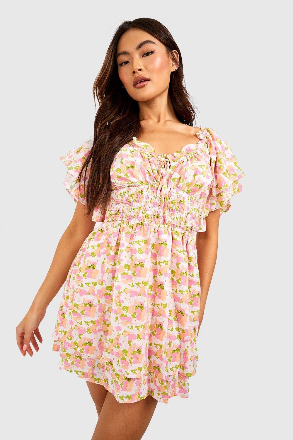 

Платье с пригоршенным платьем с цветочным завязком передним Boohoo, розовый
