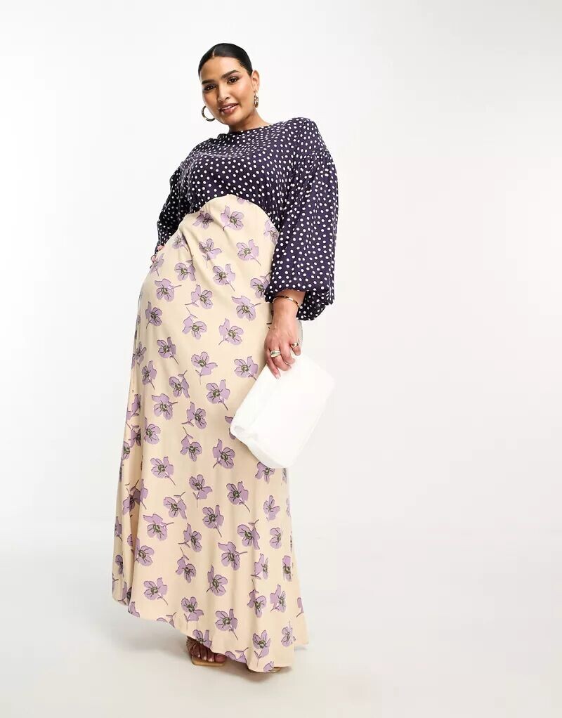 

Платье макси с длинными рукавами ASOS DESIGN Curve из вискозы с цветочным принтом и горошком