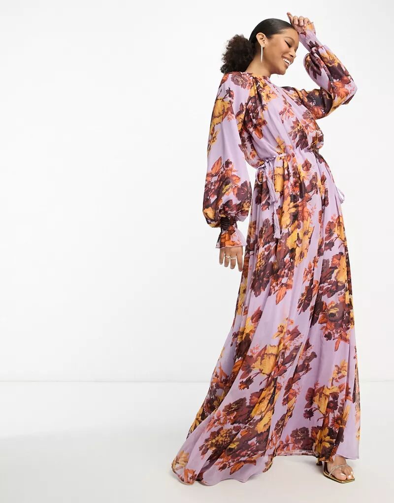 Платье макси трапеции ASOS с ярким цветочным принтом, эластичным вырезом, завязывающимся поясом и присборенными манжетами носки 3 пакета yalion цвет senfgelb flieder rosa