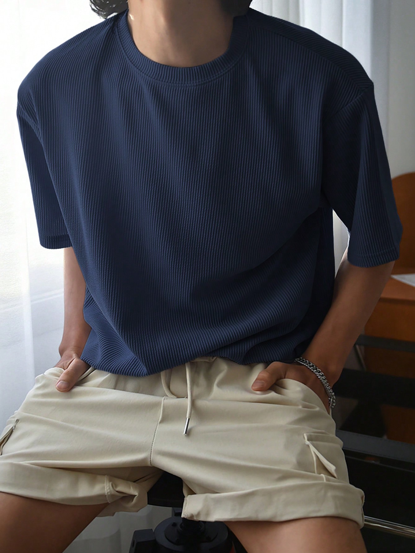 DAZY однотонная повседневная футболка в рубчик с короткими рукавами, темно-синий