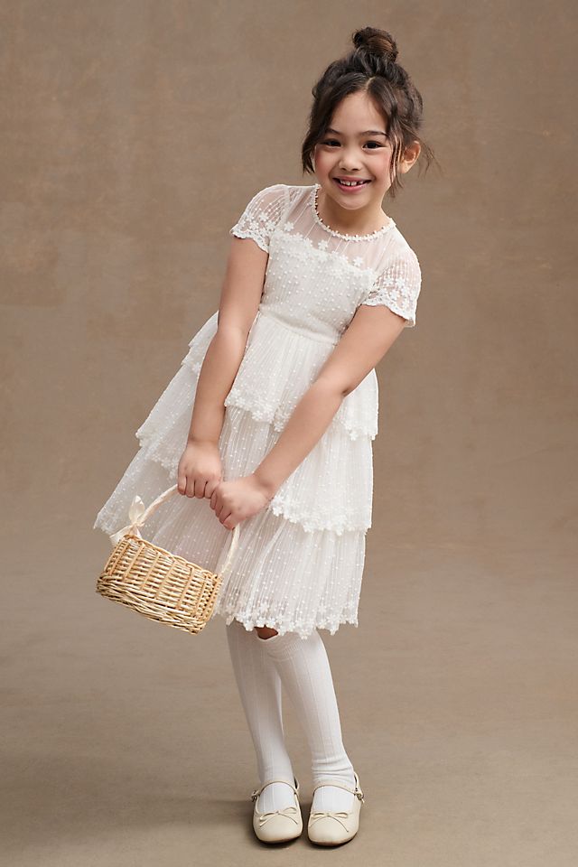 Платье Princess Daliana Halli Flower Girl многоярусное, белый детское платье с бантом для первого дня рождения белое платье принцессы с цветочной вышивкой для первого причастия