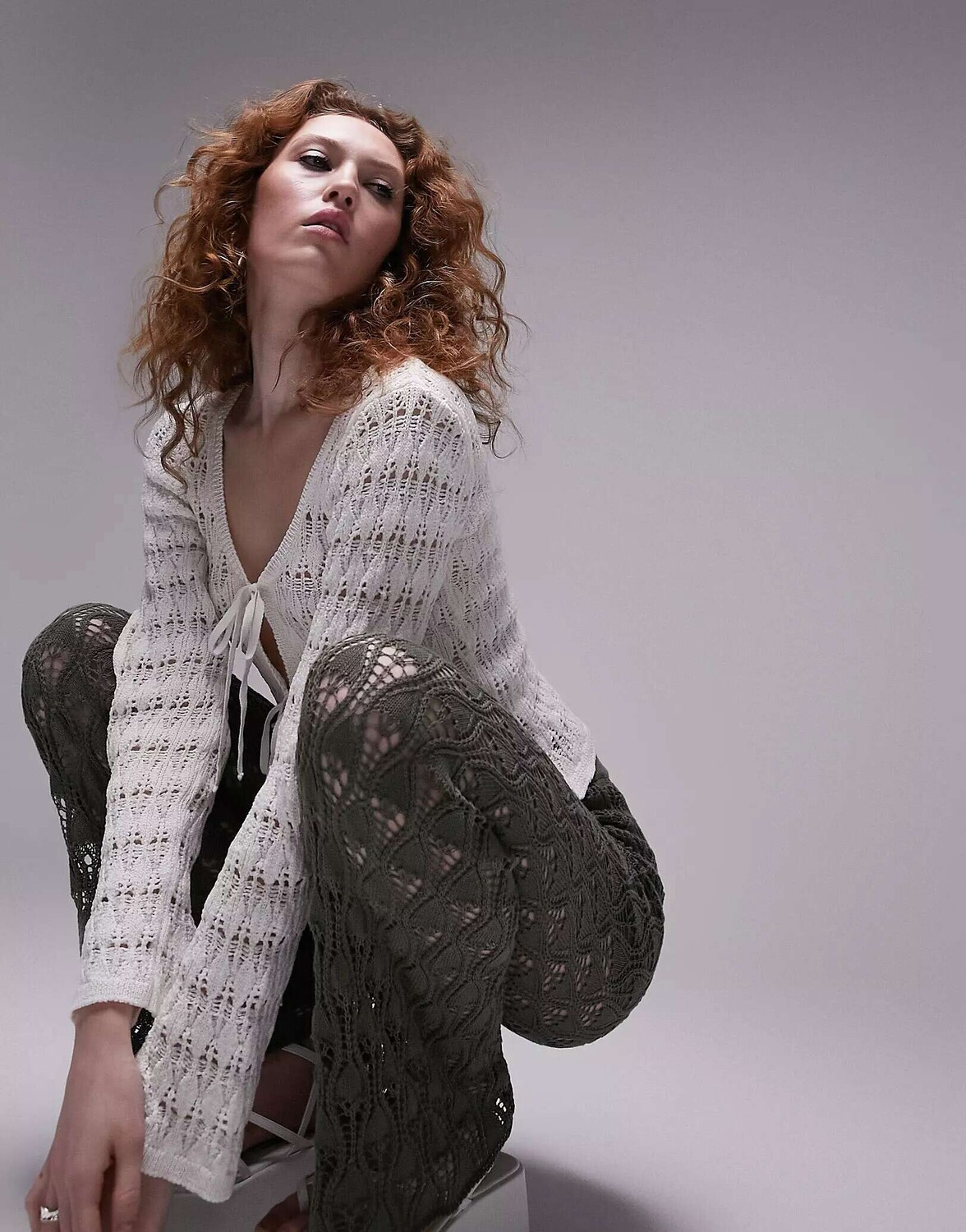 

Вязаный кардиган цвета слоновой кости, связанный крючком, Topshop