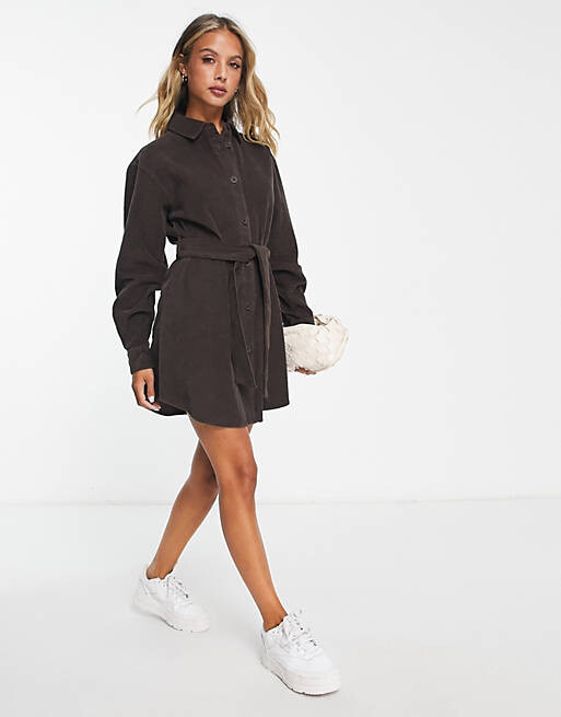 

Шоколадное платье-рубашка с вельветовым поясом ASOS DESIGN
