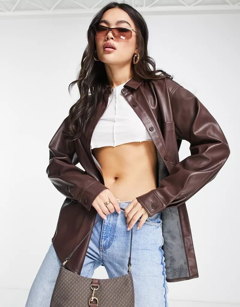

Коричневая рубашка из искусственной кожи с длинными рукавами ASOS