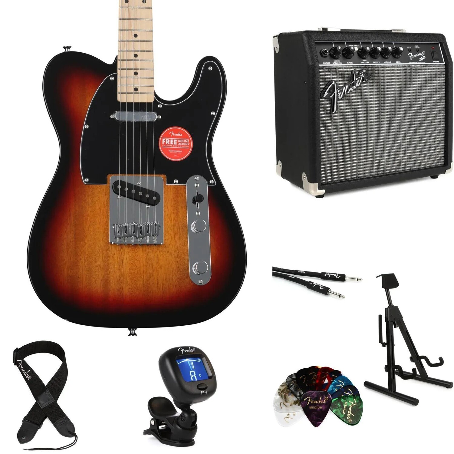 

Комплект электрогитары Telecaster Squier Affinity Series и усилителя Fender Frontman 20G Essentials — 3 цвета Sunburst с кленовой накладкой грифа