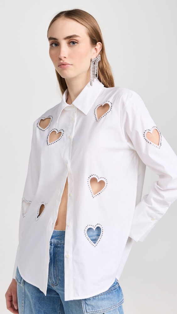 

Блуза alice + olivia Finely Embellished Button Down Shirt with Heart Cutouts, экру