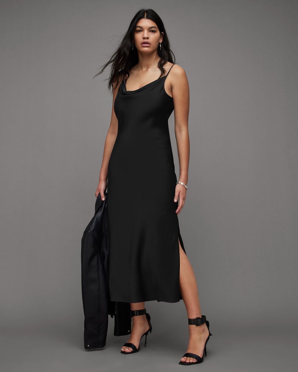 Платье-комбинация миди Hadley с воротником-хомутом AllSaints, черный