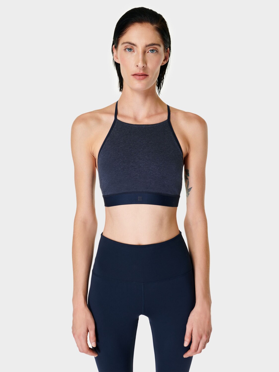 

Бюстгальтер без косточек из мягкого хлопка с высоким воротником Sweaty Betty Sundown, темно-синий, вереск