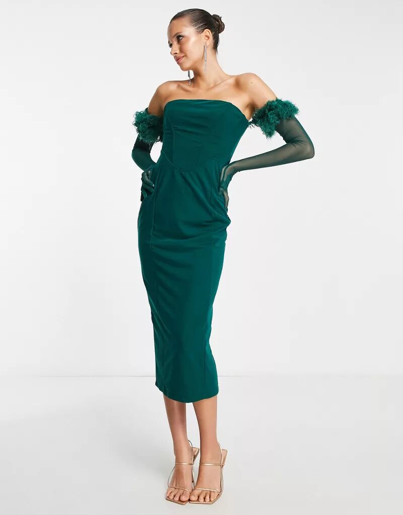 Облегающее платье миди без бретелек с корсетом и зелеными перчатками Rare London кроссовки munich volata verde oscuro