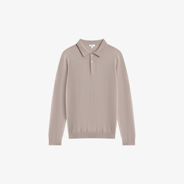 

Футболка-поло Trafford из мериносовой шерсти с длинными рукавами Reiss, цвет mink