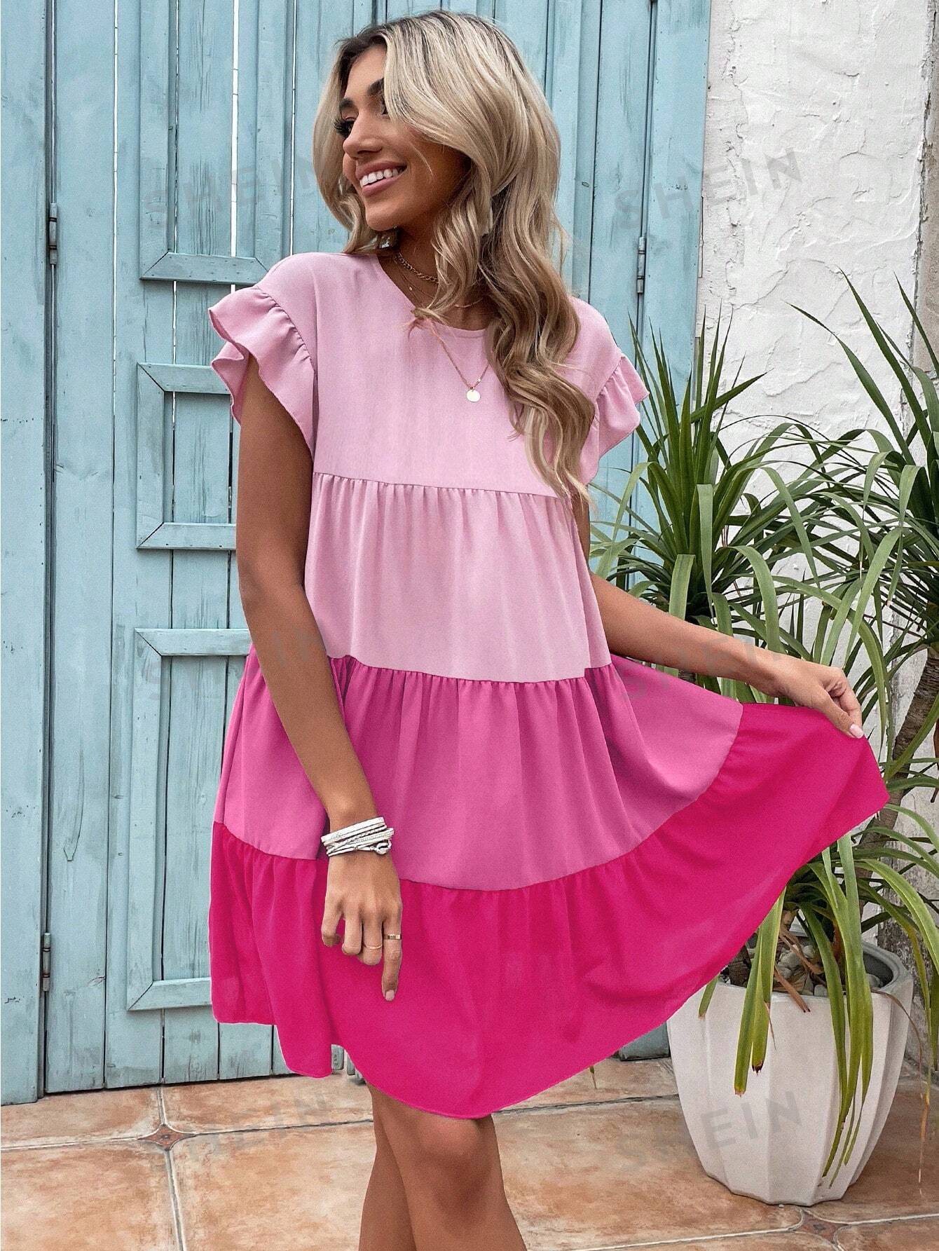 SHEIN LUNE Женское платье Babydoll с круглым вырезом и рюшами в цветных блоках, ярко-розовый