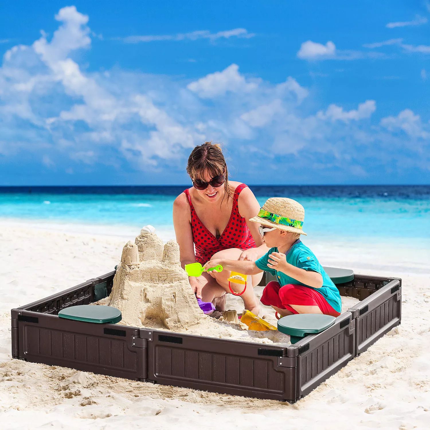 Реконфигурируемая детская песочница Outsunny, меняющая форму, с защитным вкладышем, пластиковая песочница, игрушка для заднего двора, активный отдых, коричневый Outsunny