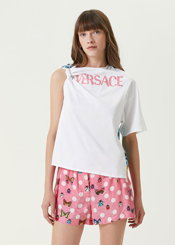 

Белая футболка с детализированным логотипом с рюшами Versace, Белый