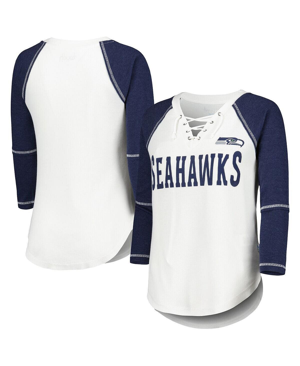 

Женская белая темно-синяя футболка с v-образным вырезом и шнуровкой Seattle Seahawks Rebel Raglan с рукавами три четверти Touch, Синий