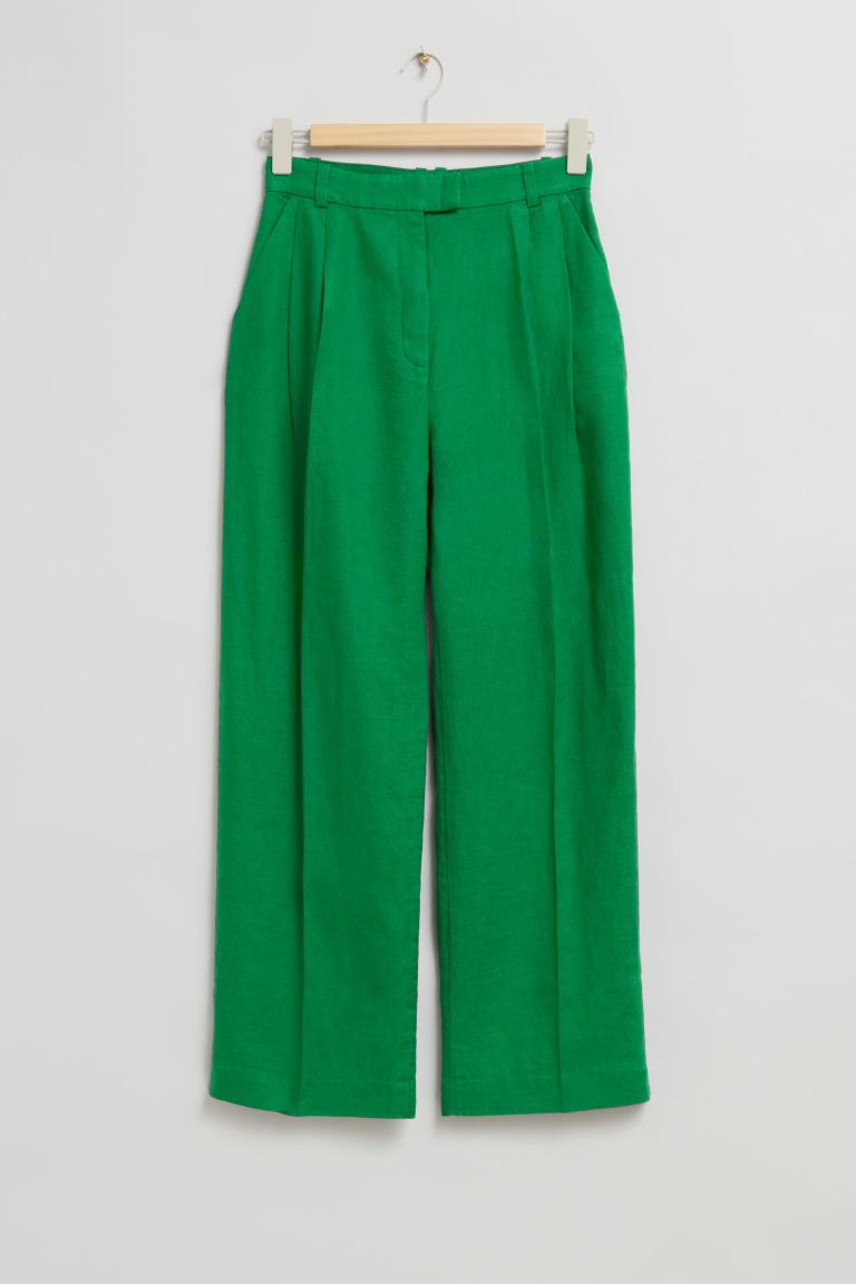 Свободные элегантные брюки со складками и другими историями H&M, зеленый льняные брюки до щиколотки h