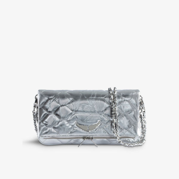 Стеганый кожаный клатч с подвеской-логотипом Rock Zadig&Voltaire, серебряный