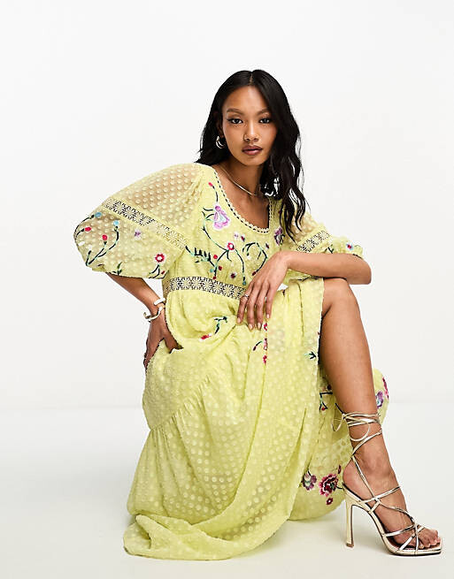 

Лимонное платье миди с вышивкой добби и крючком ASOS DESIGN