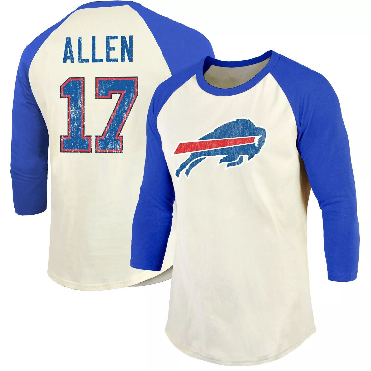 

Мужская футболка Fanatics с логотипом Josh Allen Cream/Royal Buffalo Bills, винтажная футболка с именем и номером игрока реглан с рукавами 3/4