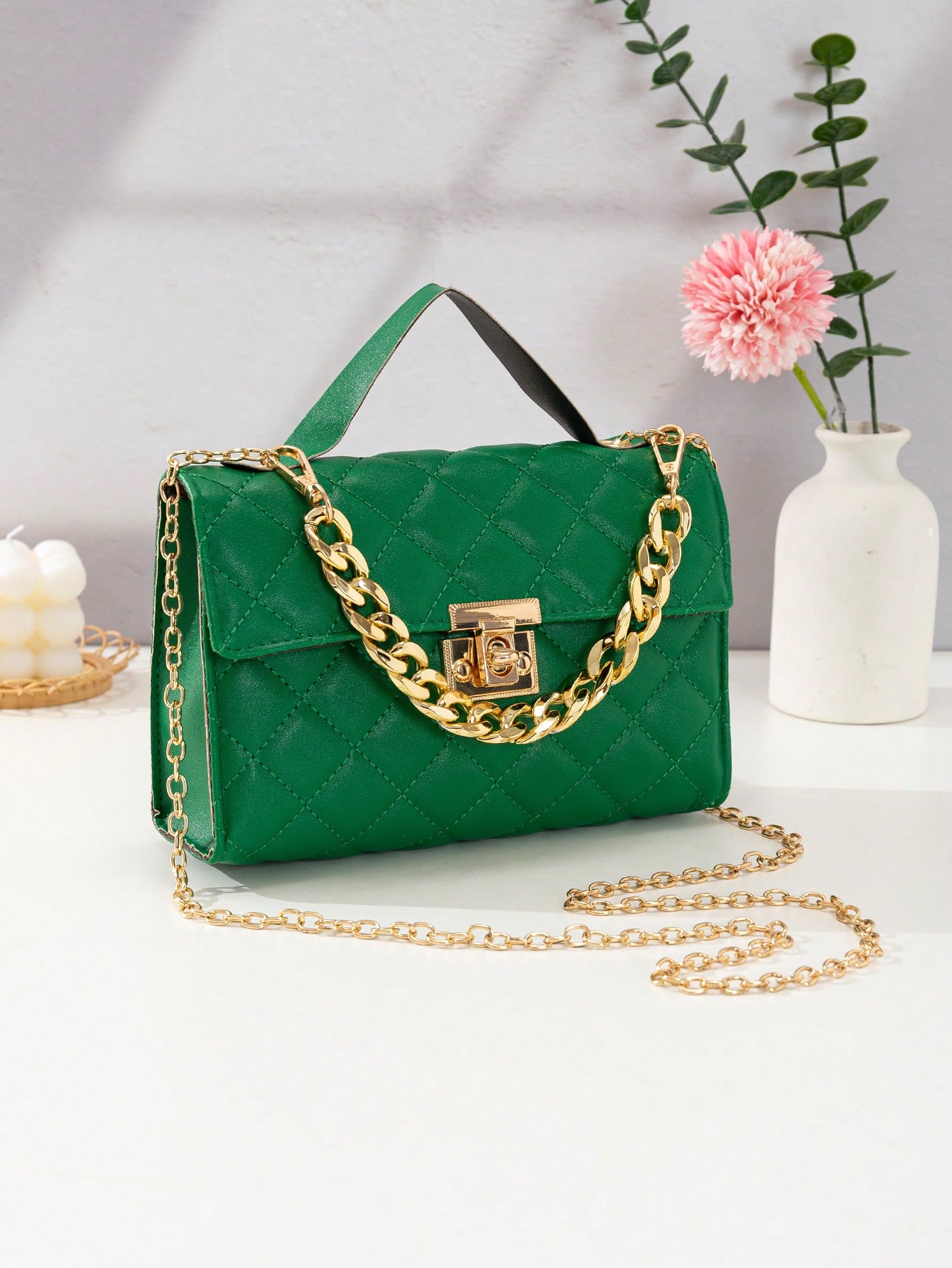 Стеганая квадратная сумка с декором на цепочке, сумка-саквояж для женщин, зеленый