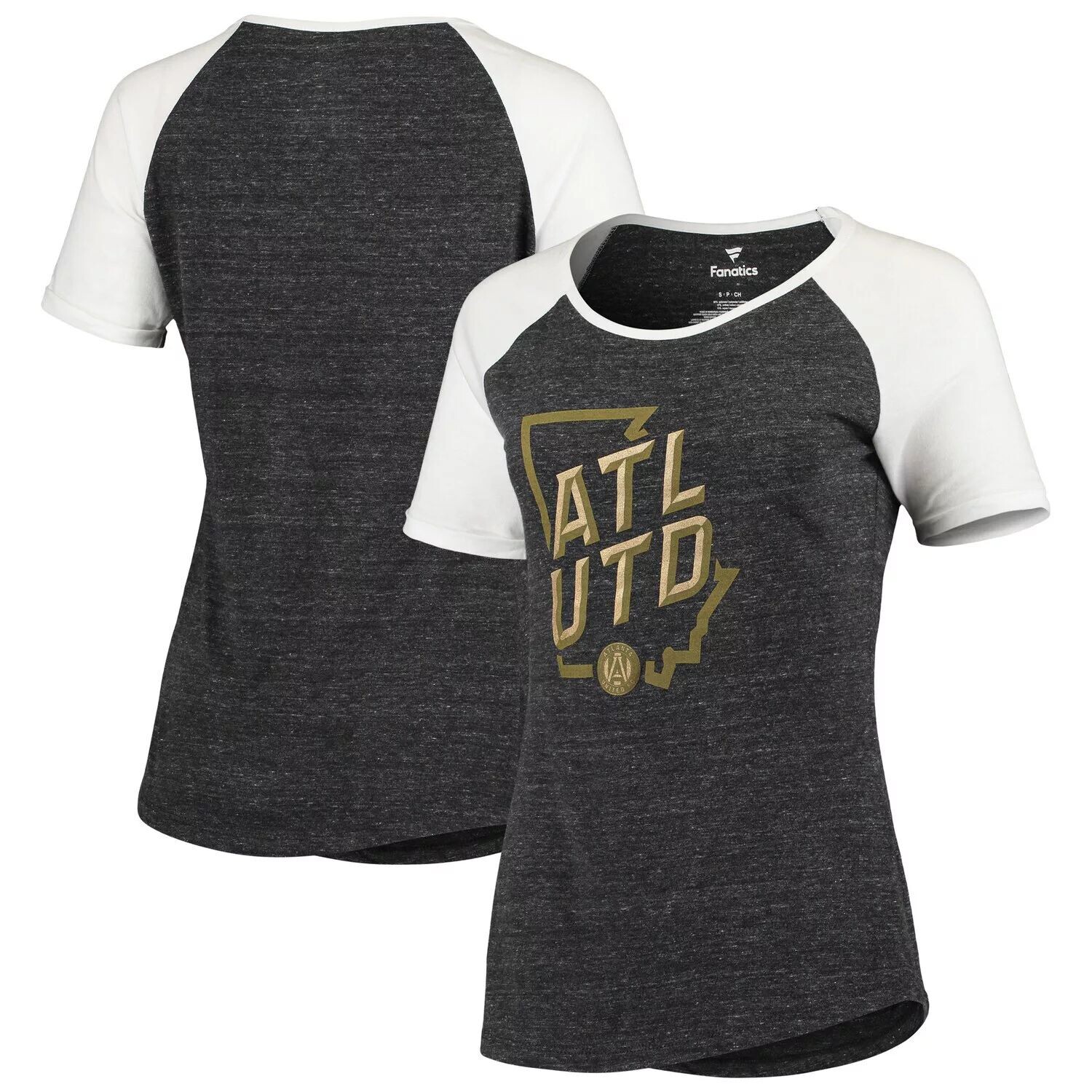 

Женская футболка Fanatics черного цвета с логотипом Atlanta United FC State Shape Raglan Tri-Blend Fanatics