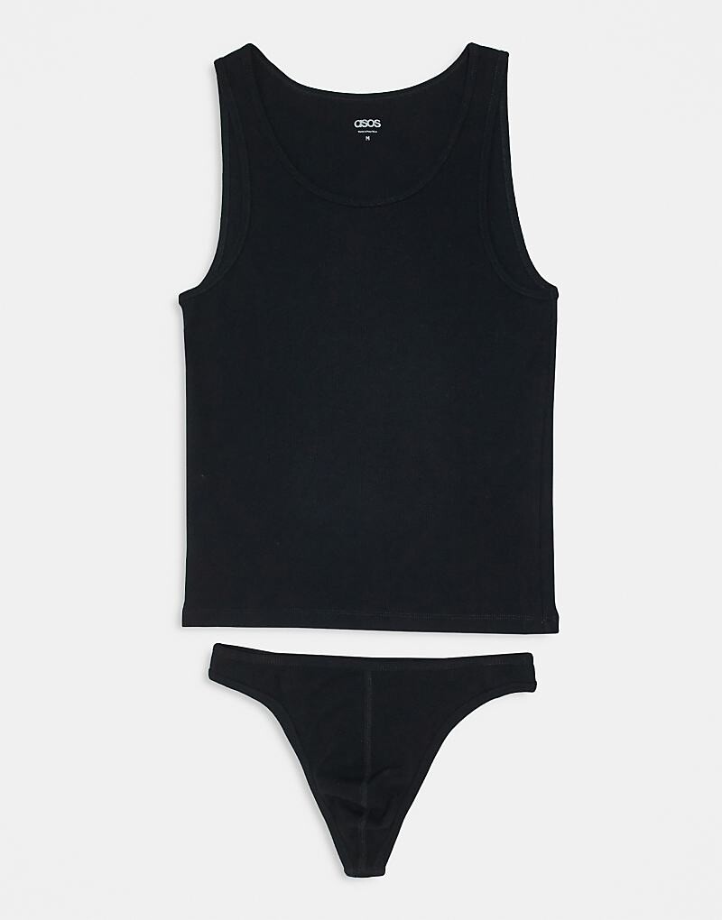 

Черный комплект из стрингов и жилета в рубчик ASOS DESIGN