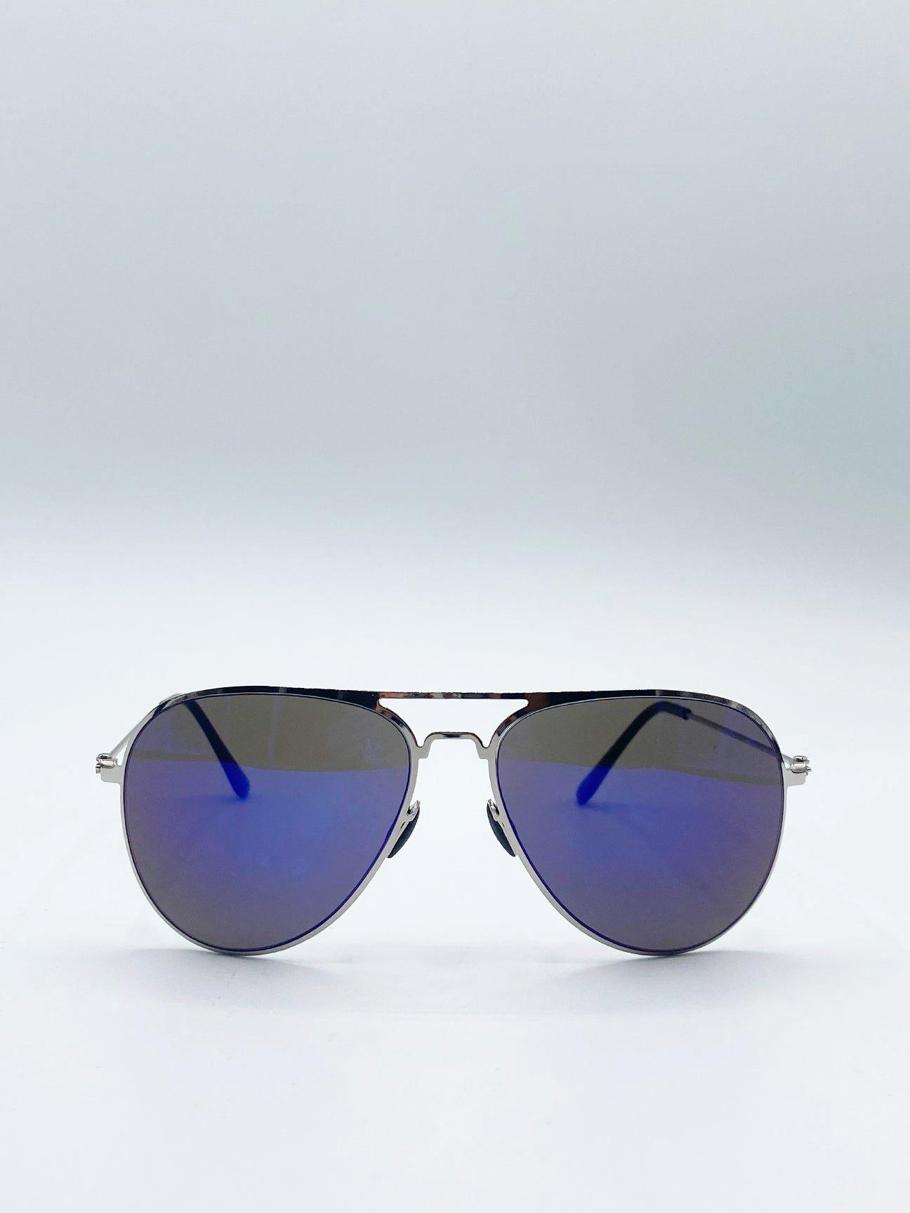 цена Серебряные солнцезащитные очки-авиаторы с синими зеркальными линзами SVNX, серебро