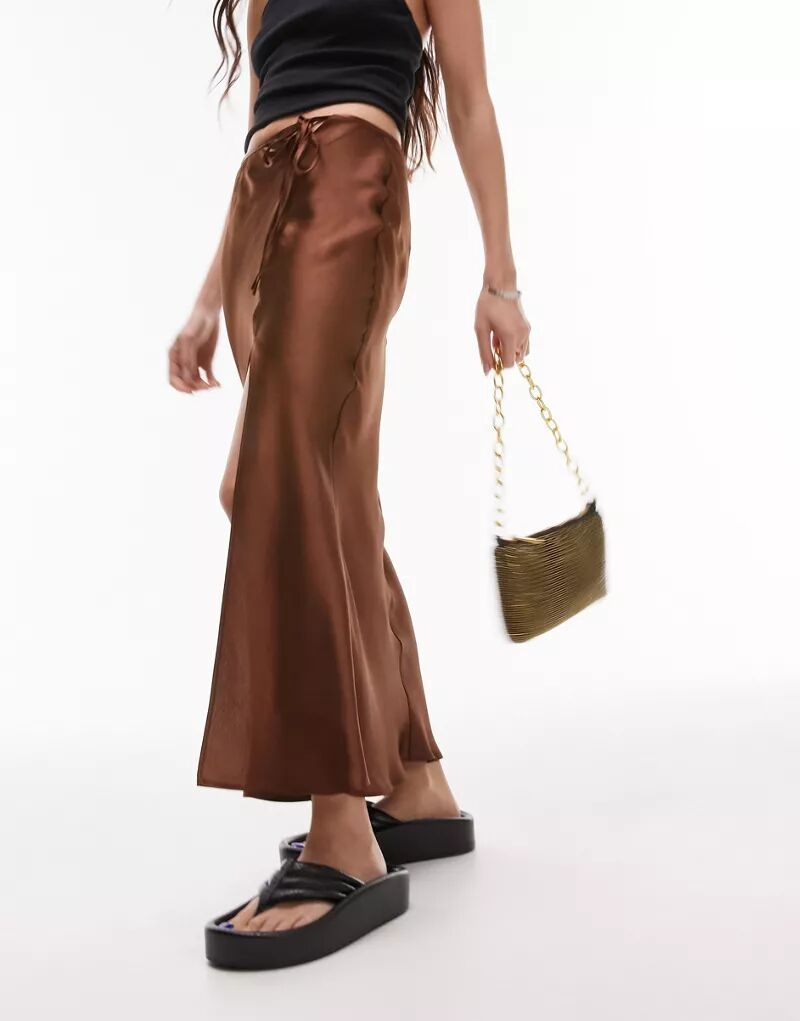 Шоколадная асимметричная юбка миди с разрезом и завязками Topshop