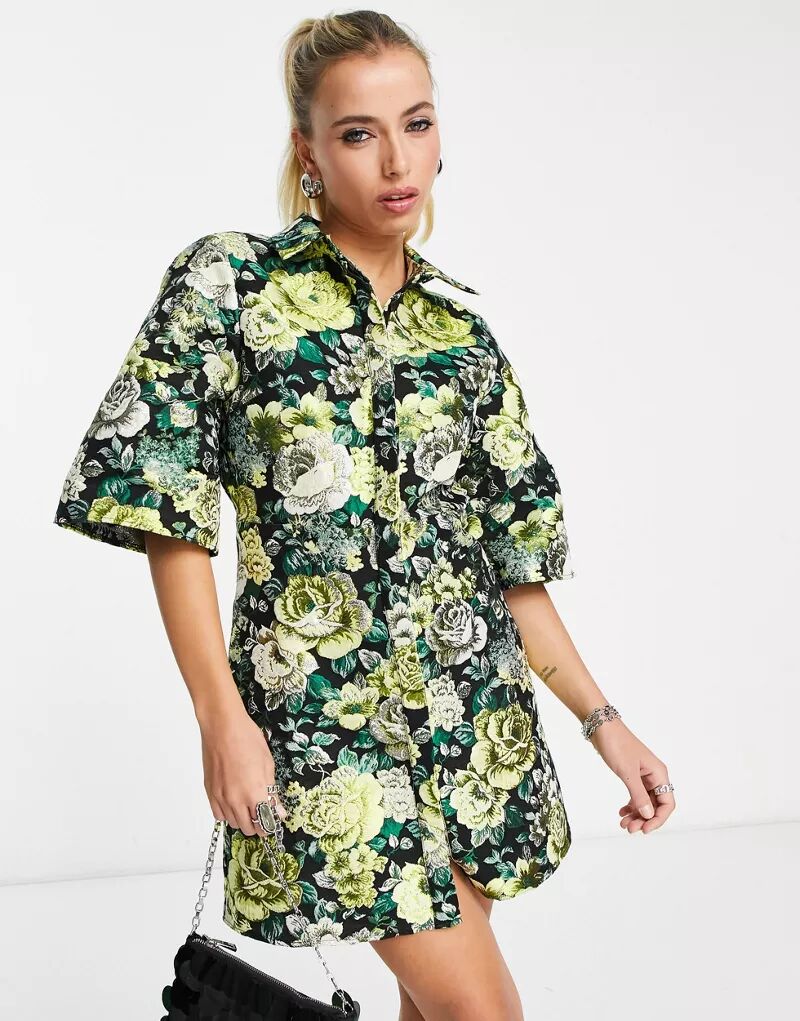 Короткое жаккардовое платье-рубашка с эффектом металлик ASOS с рукавами-кимоно и крупным цветочным принтом