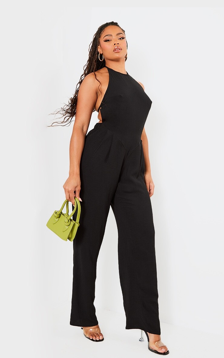 

PrettyLittleThing Черный комбинезон с широкими штанинами и корсетом со складками