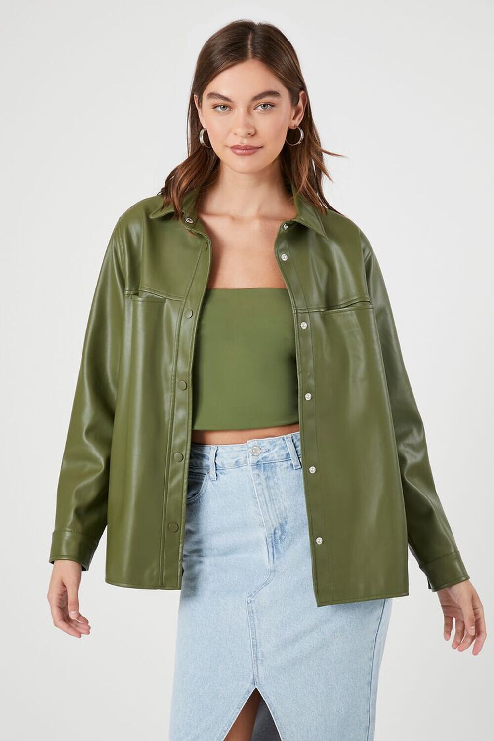 

Куртка на кнопках из искусственной кожи Forever 21, оливковый, Зеленый