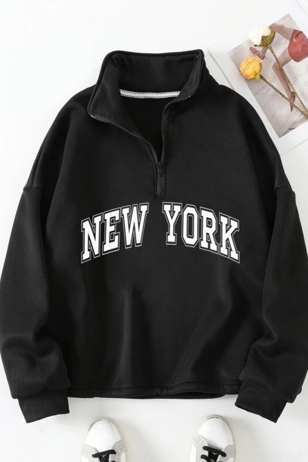 

Черный свитшот унисекс на половинной молнии с принтом New York Oversize MODAGEN