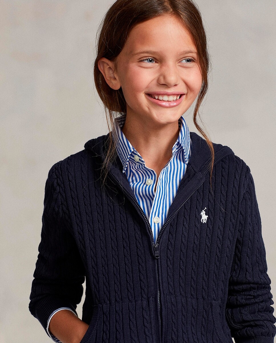 

Кардиган косой вязки для девочки с капюшоном Polo Ralph Lauren, темно-синий