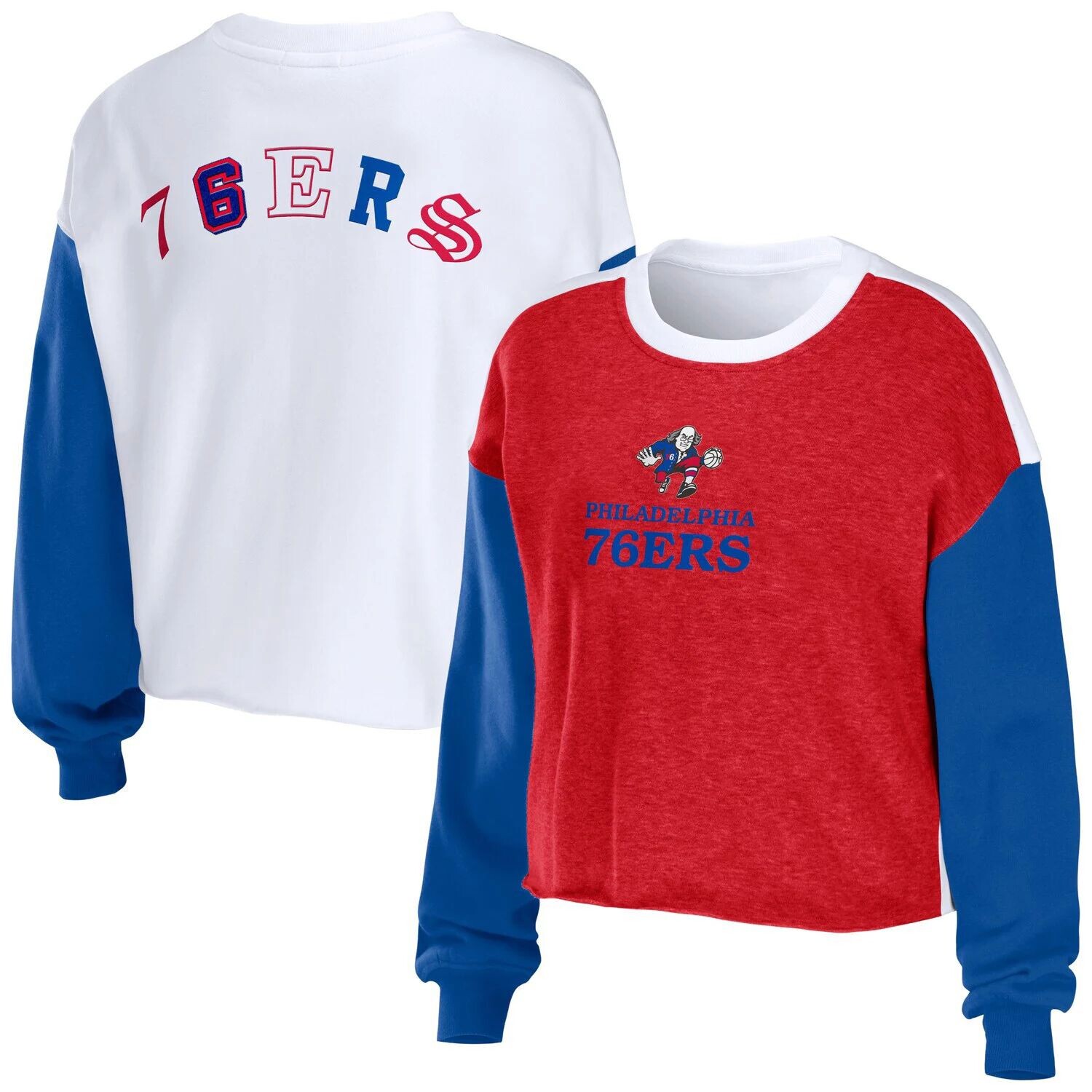 

Женская WEAR by Erin Andrews Хизер Красный Филадельфия 76ers Укороченный пуловер с надписью смешанного цвета Толстовка