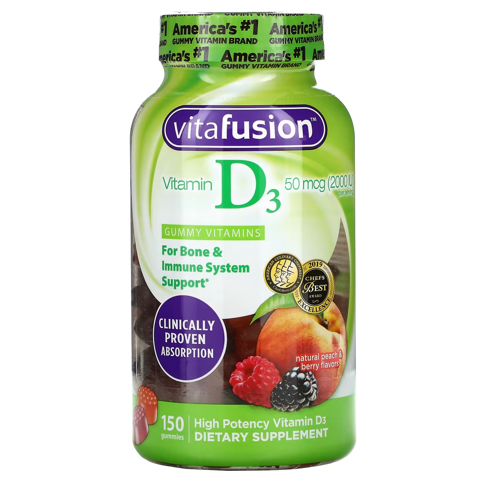 Витамин D3 VitaFusion натуральный персик и ягоды, 150 жевательных таблеток поддержка сна для взрослых vitafusion sleepwell натуральный белый чай и персик 60 жевательных таблеток